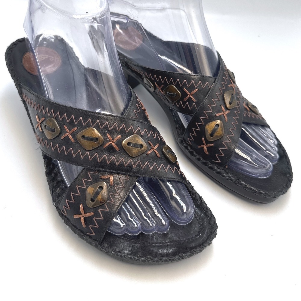 Nurture Womens Slide Sandals 7M Black Leather Kachina Kitten Heel Boho Strappy